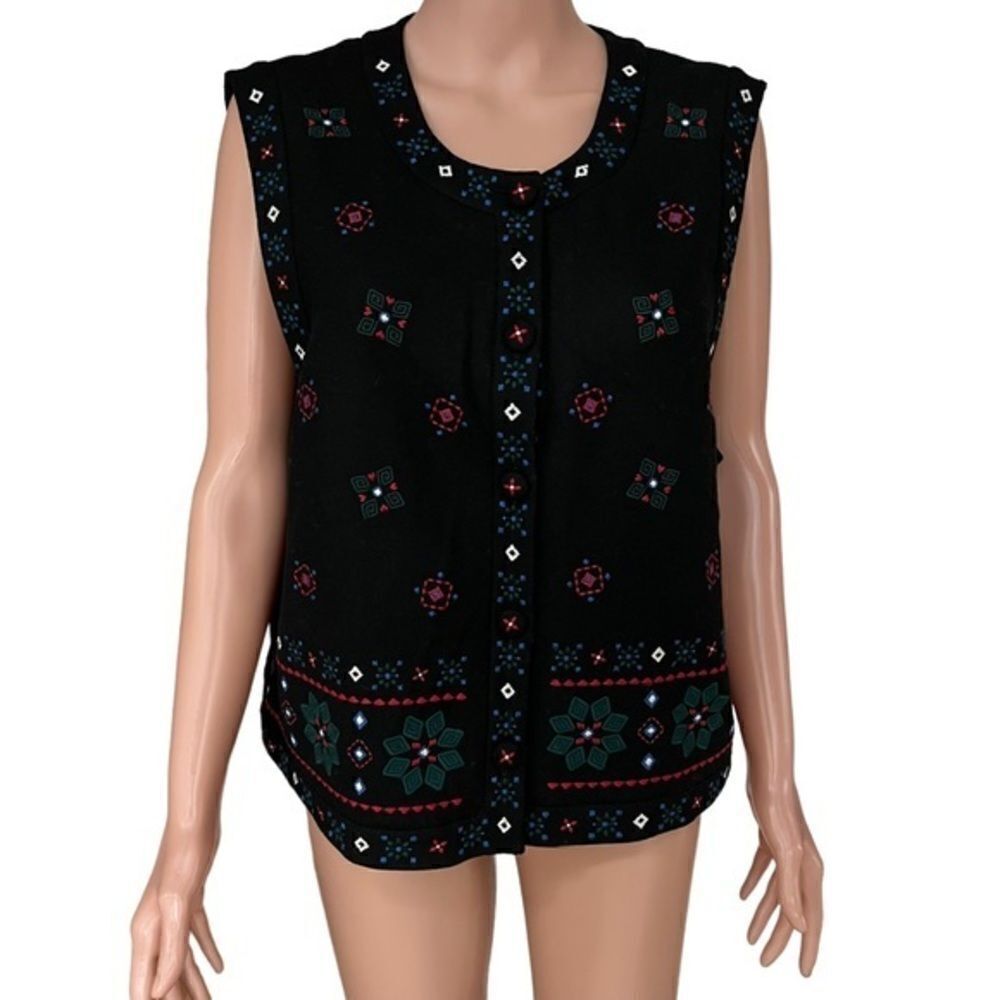 Talbots Vtg Wool Blend Multicolor Embroidered Holiday Christmas Sweater Vest XL